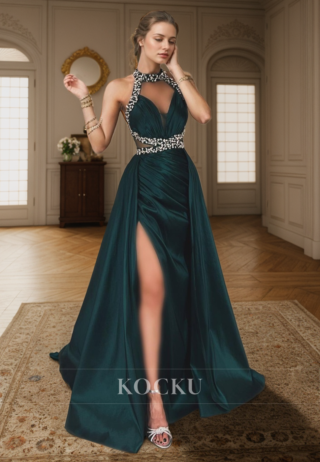 L3084 - Elegant & Luxurious V-Neck Rhinestone Halter A-Line Backless Satin Evening Party Prom Dress
