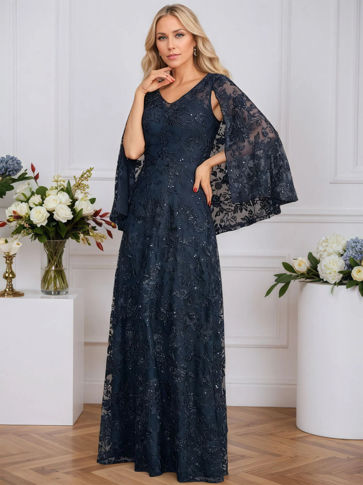 A-line V-Neck Floor-Length Lace Mother of the Bride Dress With Sequins - VelvetHem