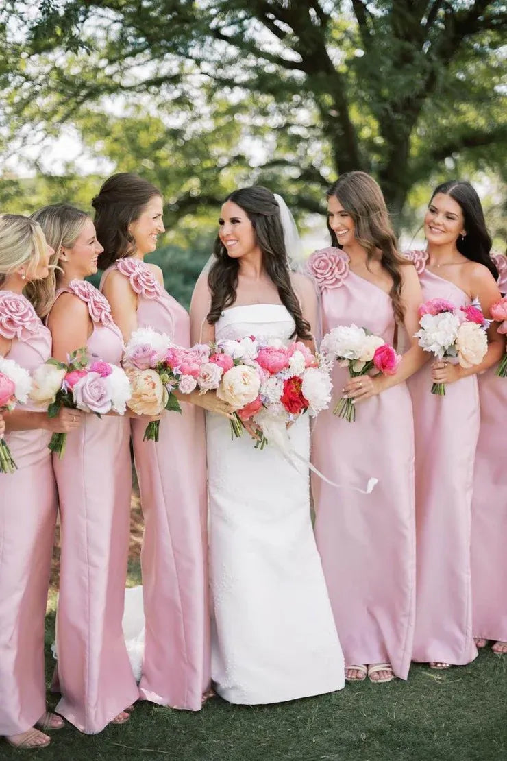 Pink One Shoulder Sheath Flower Sleeveless Satin Long Bridesmaid Dress