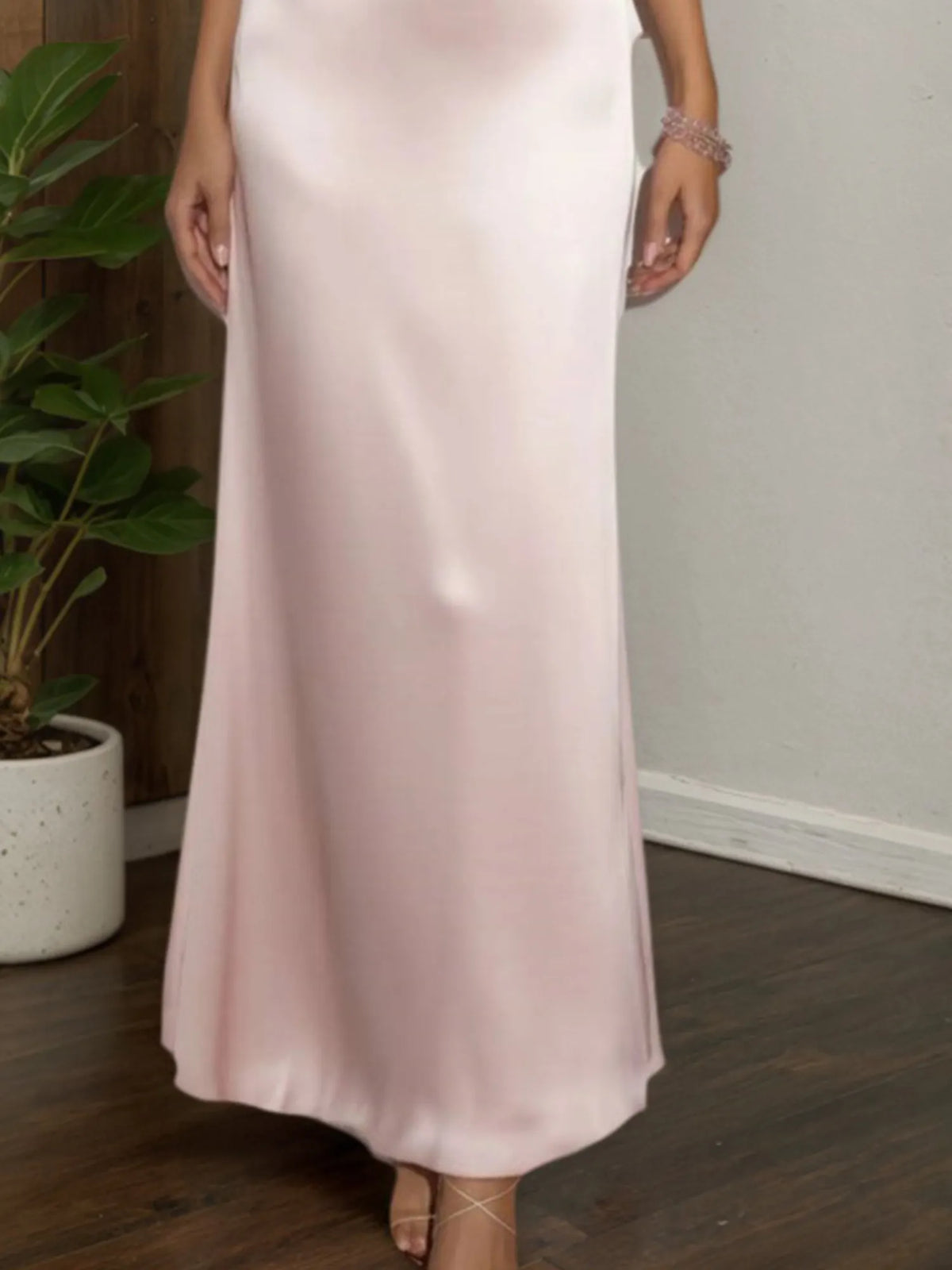 Formal Wedding Guest Dress Satin Pink Halter Neck Maxi Dress - View 3 | FashionDia
