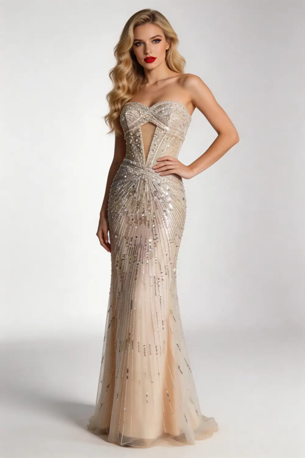 Champagne Beaded Mermaid Evening Gown - Strapless Sequin Formal Dress by tangjianjun