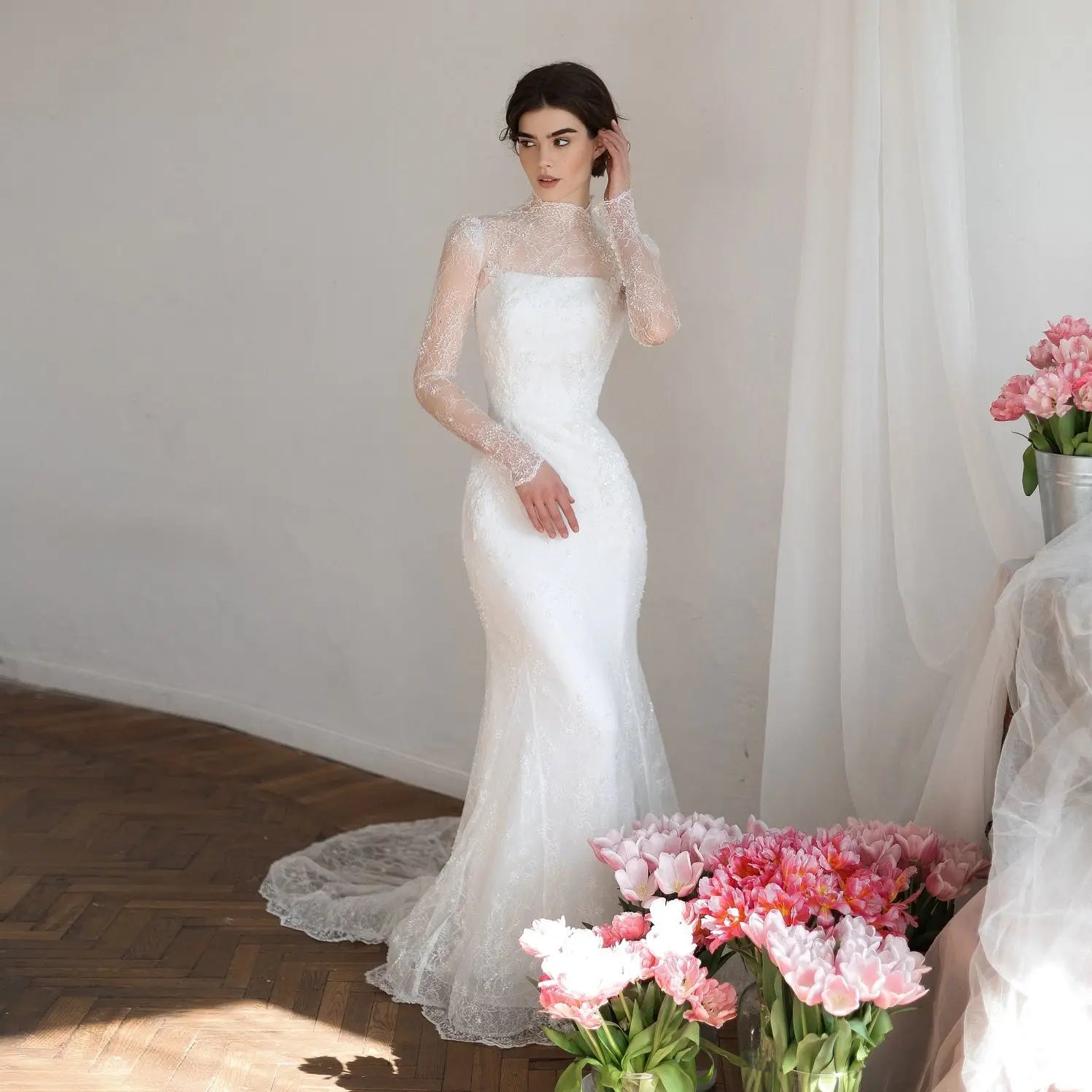 Elegant Printed Crystal Sheer Lace Mermaid Wedding Dress ZP169