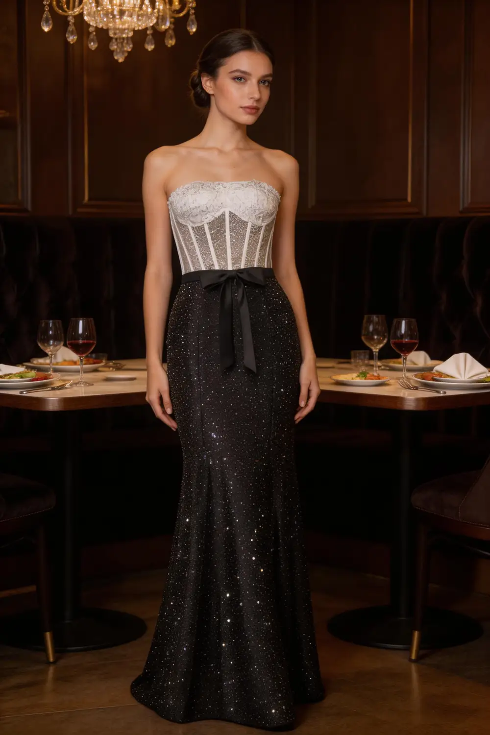 White Lace Corset Strapless Mermaid Prom Dress With Black Satin Bow (ZD17141)
