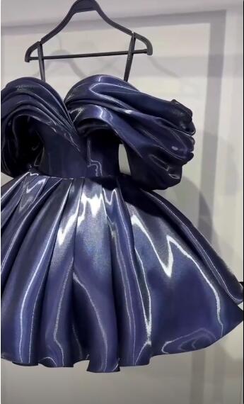 Sexy Off The Shoulder Navy Blue Satin Pleated Short Homecoming Dress Birthday Outfits D4754