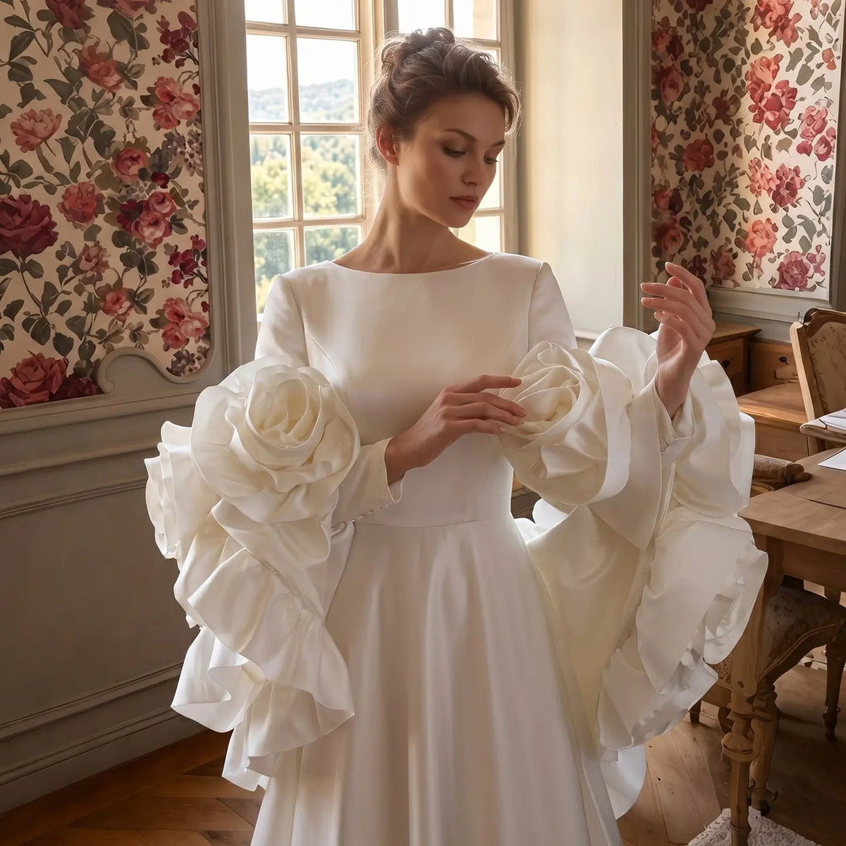 Ivory  Romantic A-Line Satin Wedding Dress 3D Rose Floral With Veil  ZP033