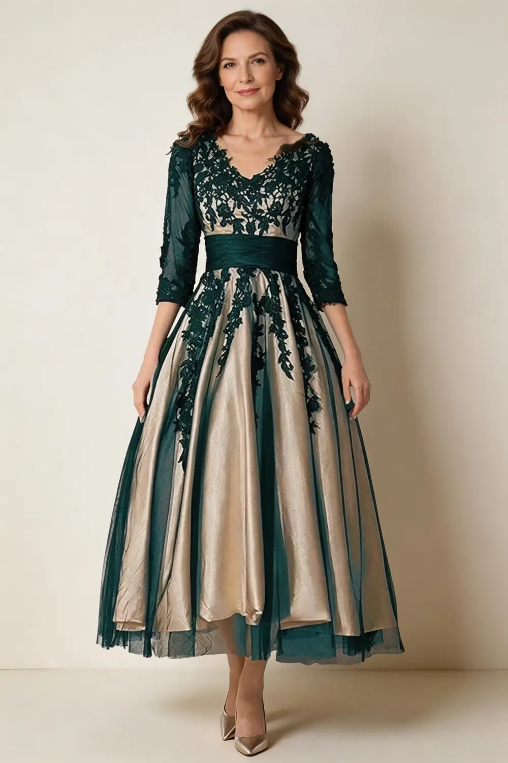 Elegant Dark Green Lace Appliqué Champagne Satin Mother of the Bride Dress by tangjianjun