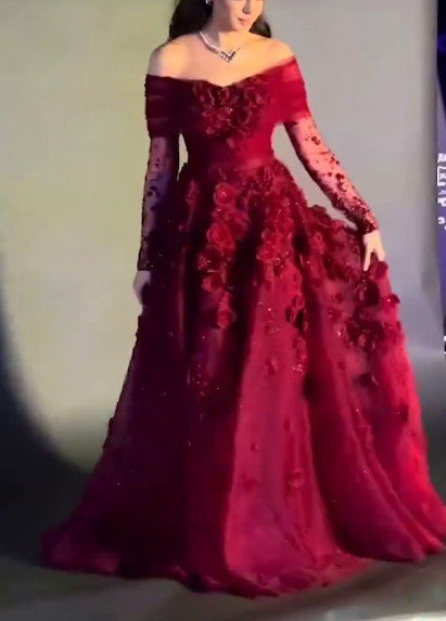 Pretty Off-the-Shoulder Ball Gown Red Organza Appliques Long Party Dress Birthday Outfits - FashionDia