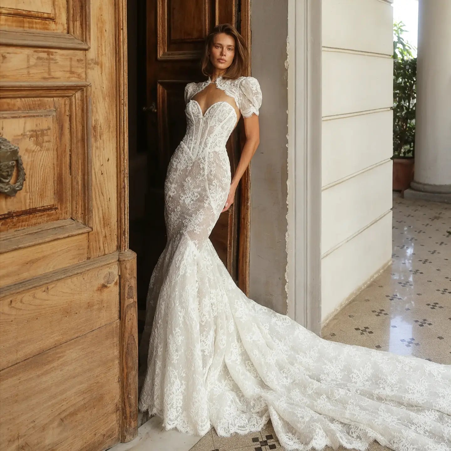 Vintage Ivory Lace High Neck Puff Sleeve Backless Mermaid Wedding Dress ZP124