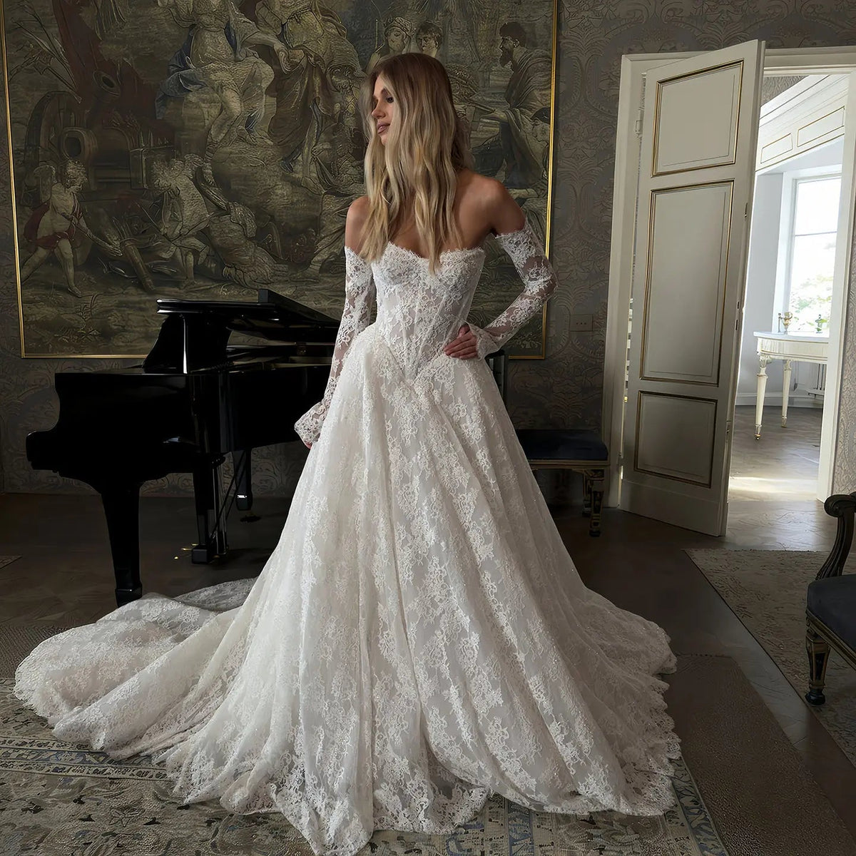 Elegant White Off-the-Shoulder Long Sleeve Lace Corset Wedding Dress ZP096