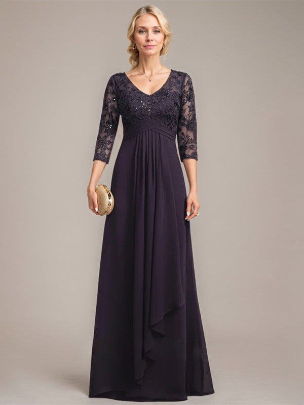 A-line V-Neck Floor-Length Lace Chiffon Mother of the Bride Dress With Cascading Ruffles Sequins - VelvetHem