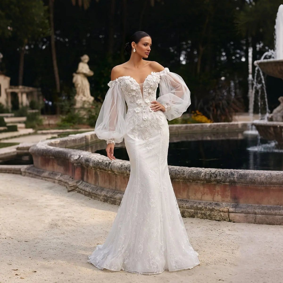 White  Off‑The‑Shoulder Puff Sleeve 3D Floral Mermaid Wedding Dress ZP005