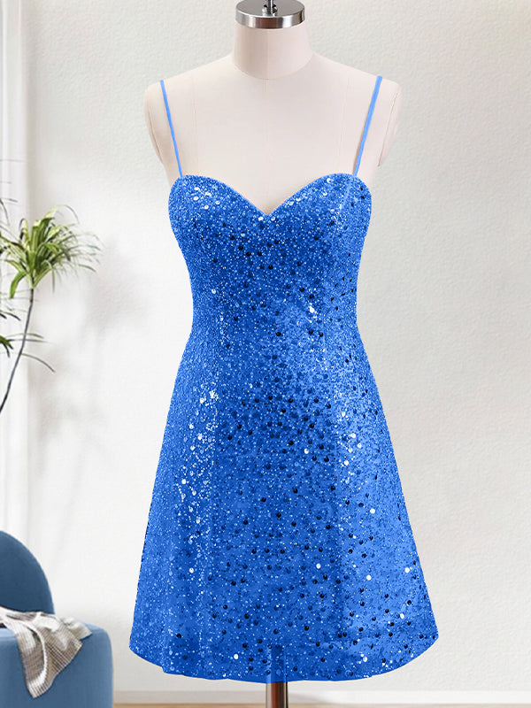 Sparkly Spaghetti Straps Corset Tight Short Homecoming Dress with Sequins