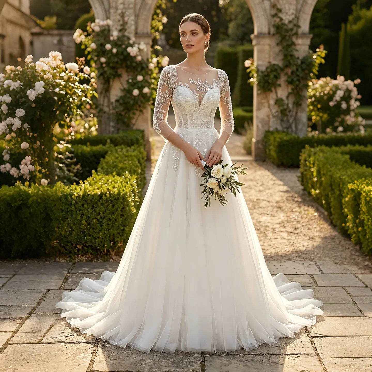 Glamorous White Illusion Neck Lace & Tulle Wedding Dress with Cathedral Train ZP063