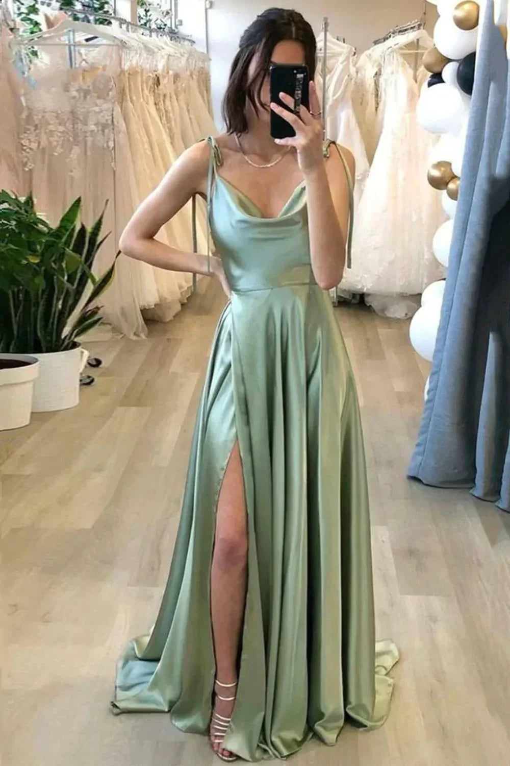 Simple A Line Spaghetti Straps Light Green Long Prom Dress with Silt