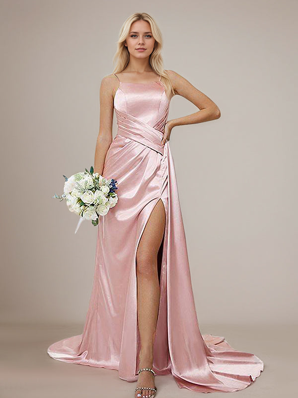Dusty Rose Sheath/Column Satin Ruched Spaghetti Straps Sleeveless Floor Length Bridesmaid Dresses
