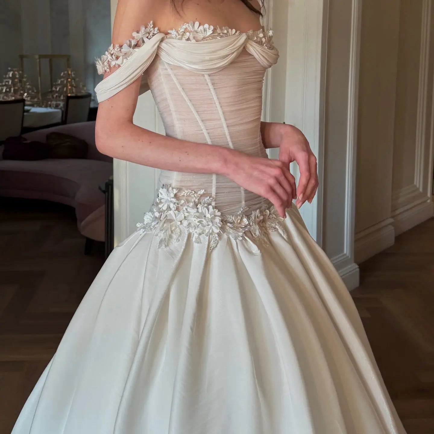 Elegant Ivory Off-the-Shoulder Floral Lace Ball Gown Wedding Dress ZP075