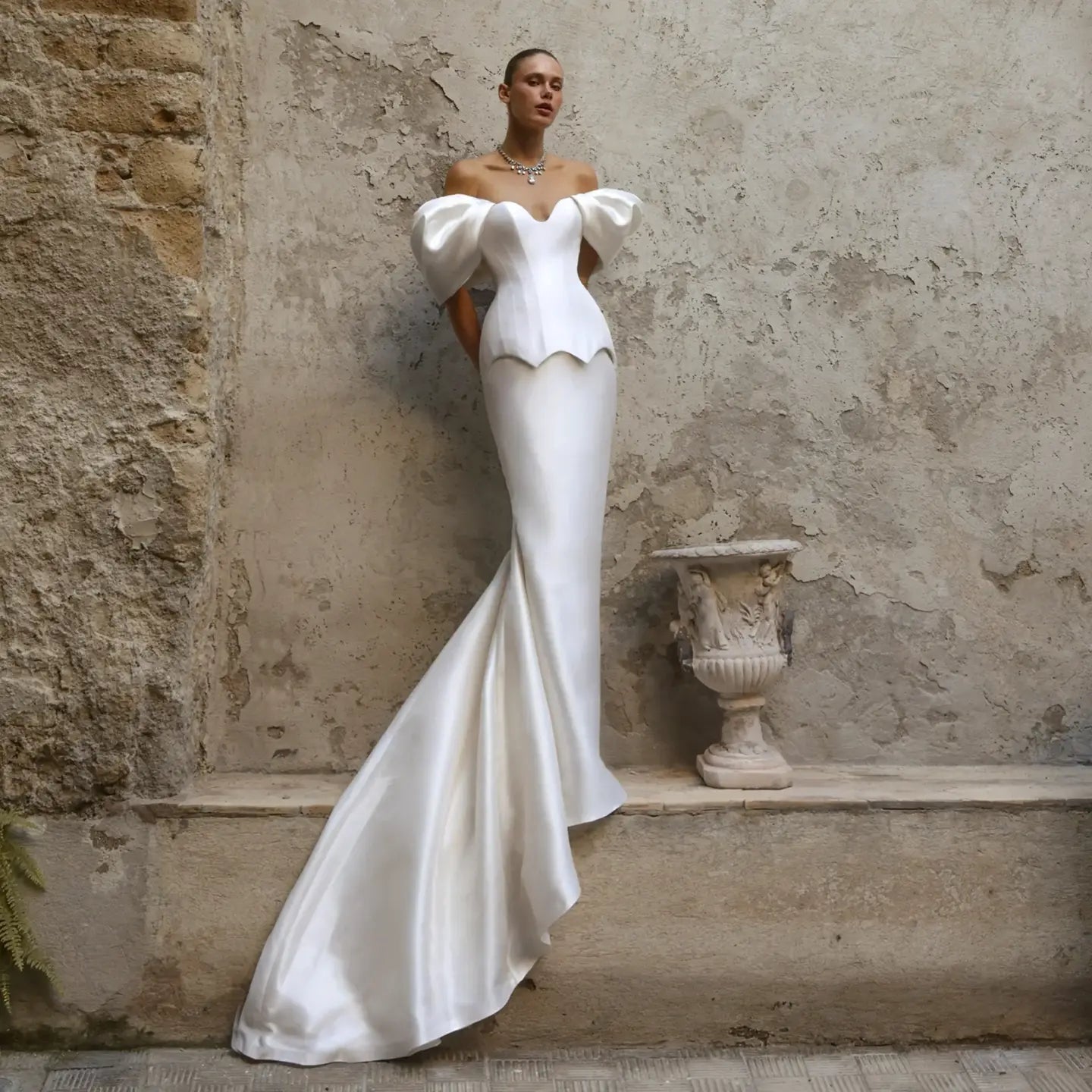 Luxury White Satin Off-the-Shoulder Puff Sleeve Mermaid Wedding Dress ZP126