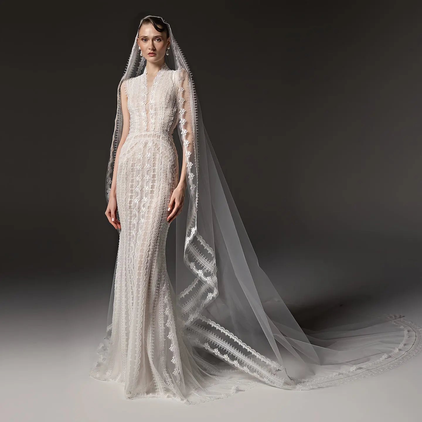 Elegant Ivory High Neck Sheer Lace Long Sleeves Mermaid Wedding Dress with Veil ZP085