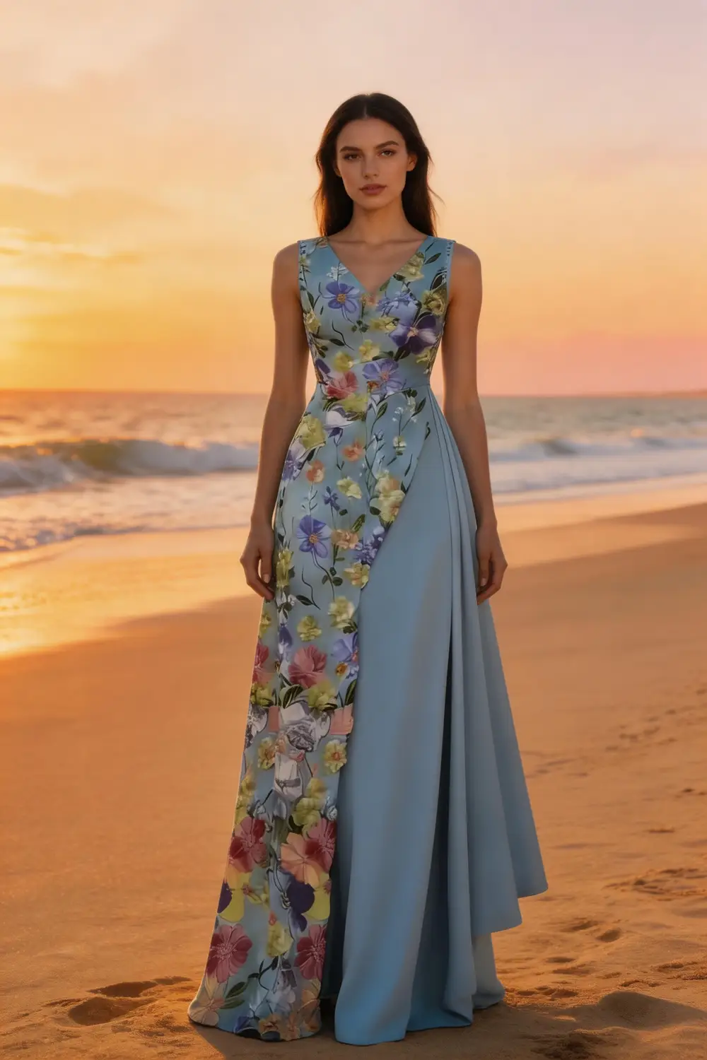 Sky Blue Floral Print Asymmetrical Maxi Dress For Summer Events (ZD17078)
