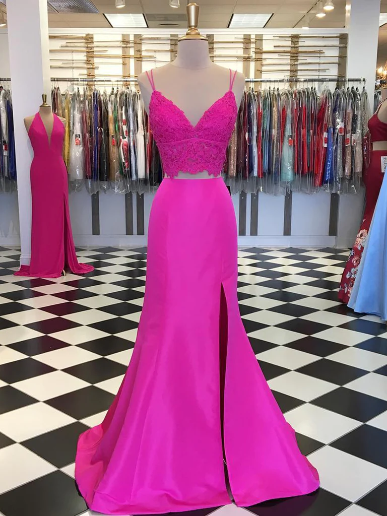 Fuchsia V Neck Two Pieces Mermaid Lace Top Satin Long Prom Dress with Slit, Mermaid Lace Fuchsia Formal Graduation Evening Dresses Y1026 - VelvetHem