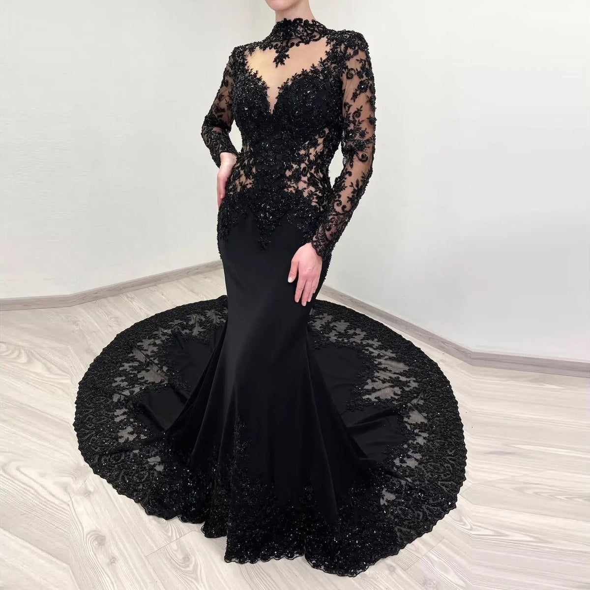 Black Luxury Gothic Heavy Beading Wedding Dress Mermaid Sheer Full Lace Circular Train ZP193