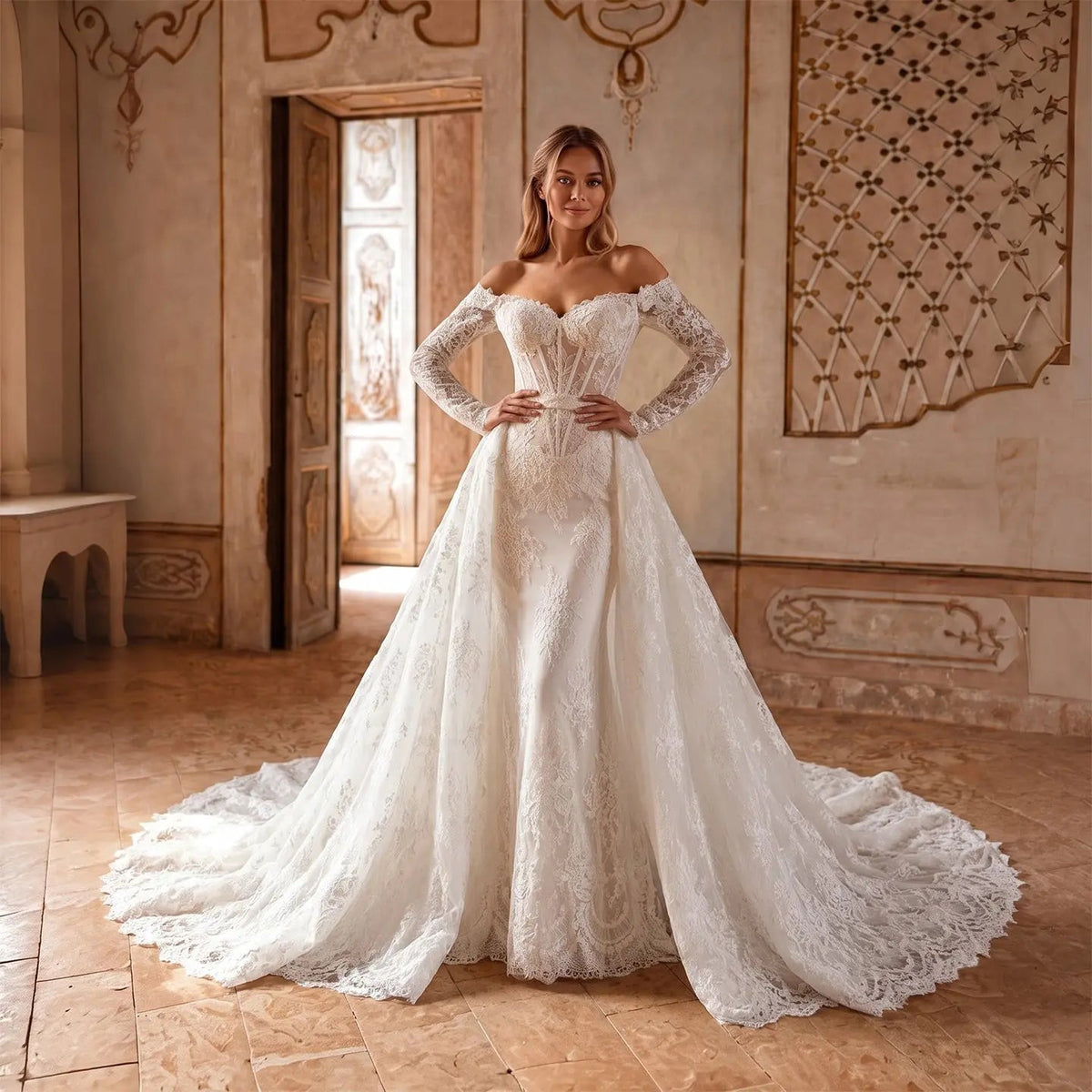 White Lace Mermaid Wedding Dress Off the Shoulder with Detachable Train and Long Sleeves ZP014