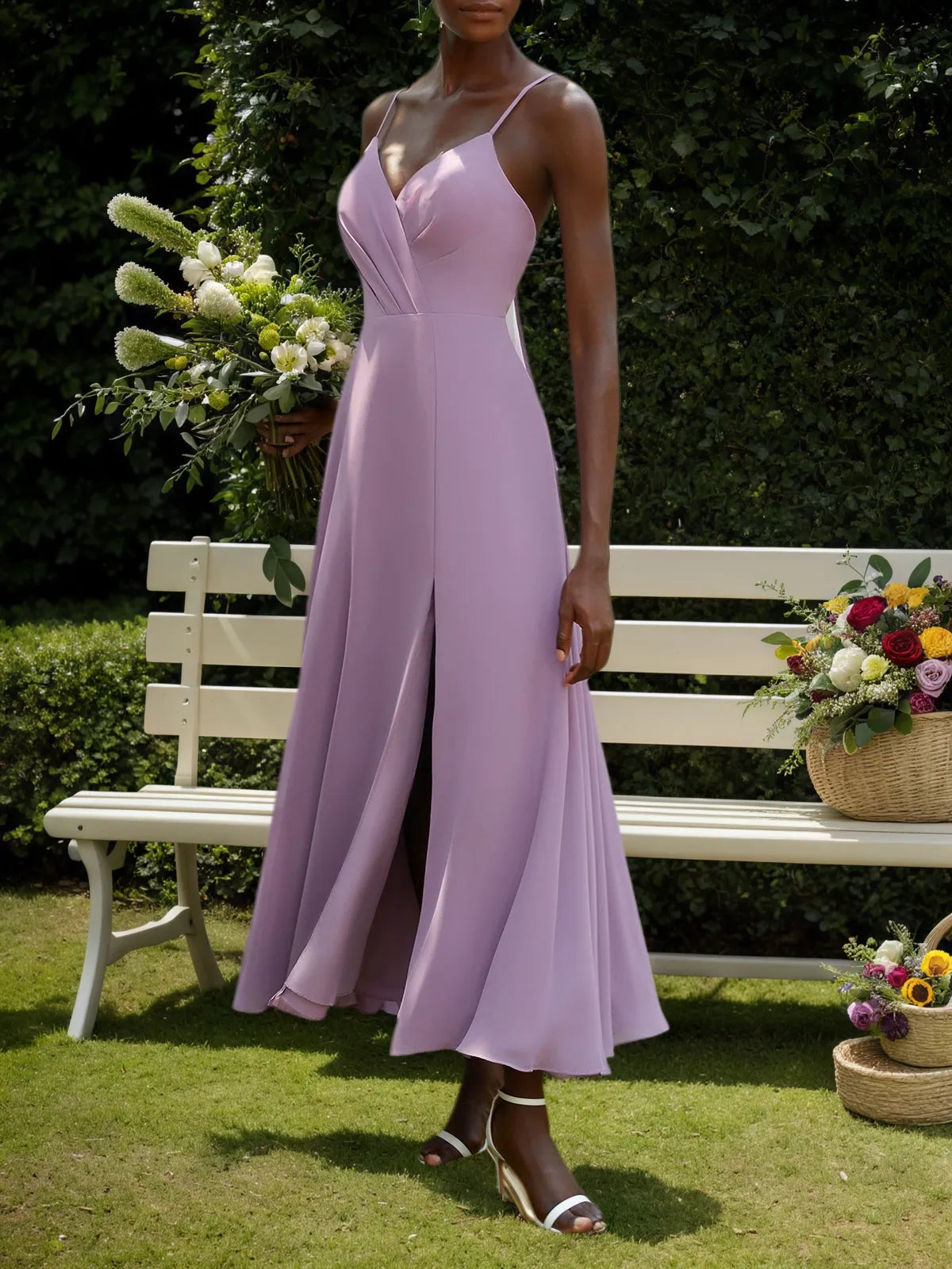 Light Purple Chiffon Spaghetti Gallus A-Line Maxi Bridesmaid Dress