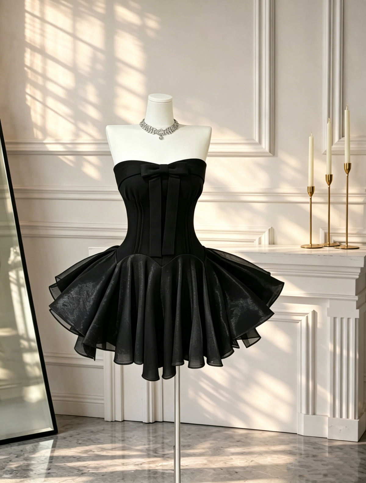 Fashion Strapless Satin Tulle Cocktail Dress Black A Line Short Graduation Homecoming Dress D2537