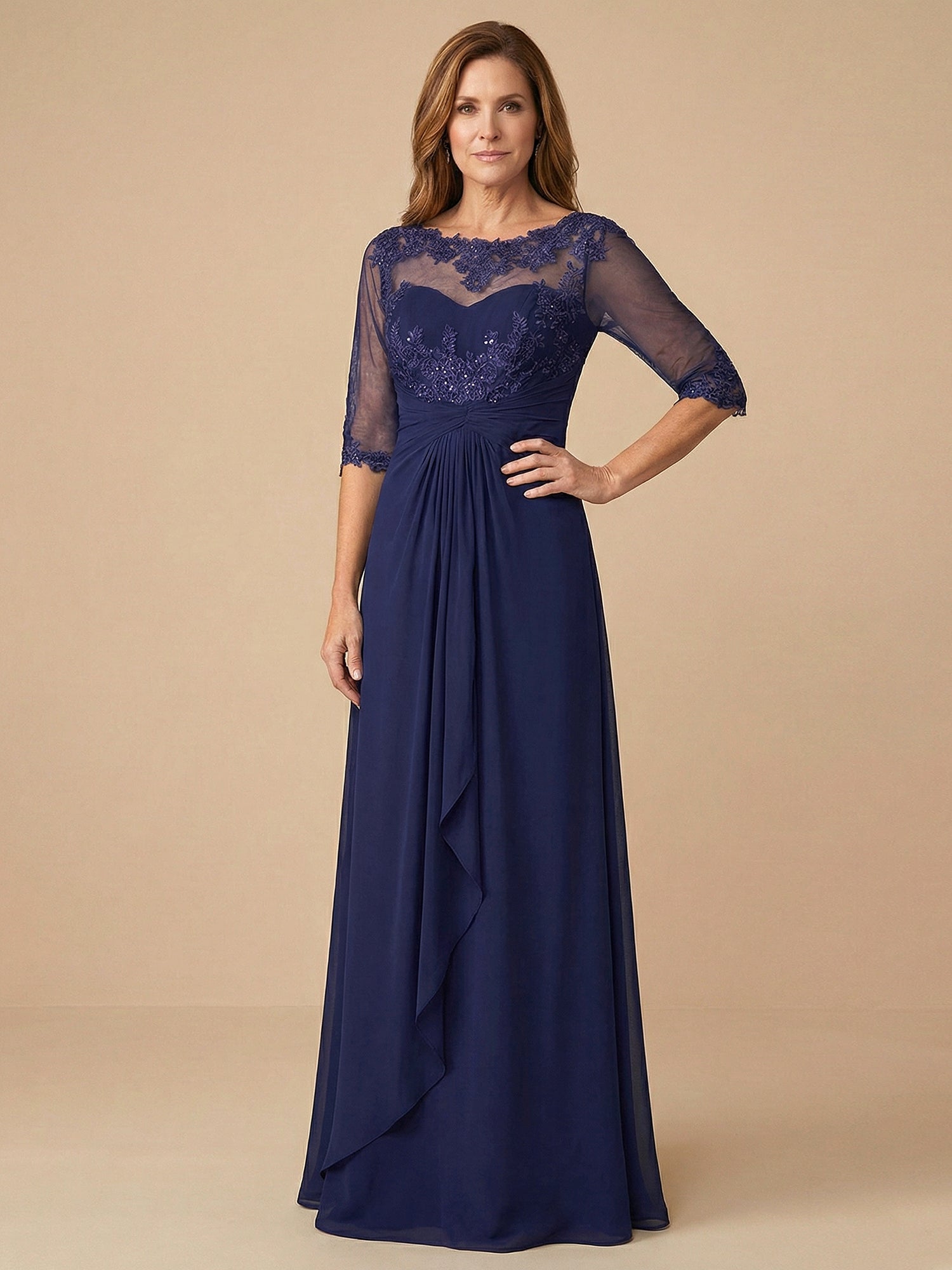 Half Sleeves Lace Applique Scoop Neck Chiffon Mother of the Bride Dress