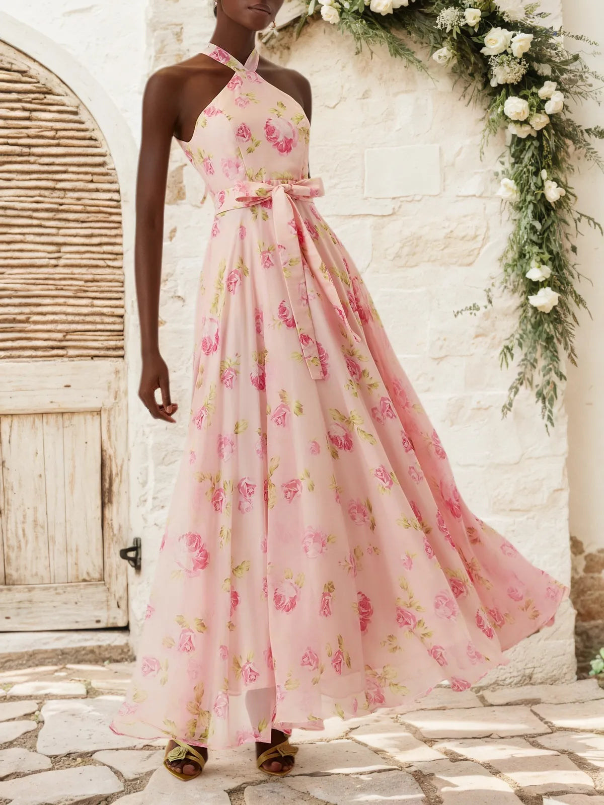 Pink Floral Chiffon Halter Sleeveless A-Line Maxi Dress