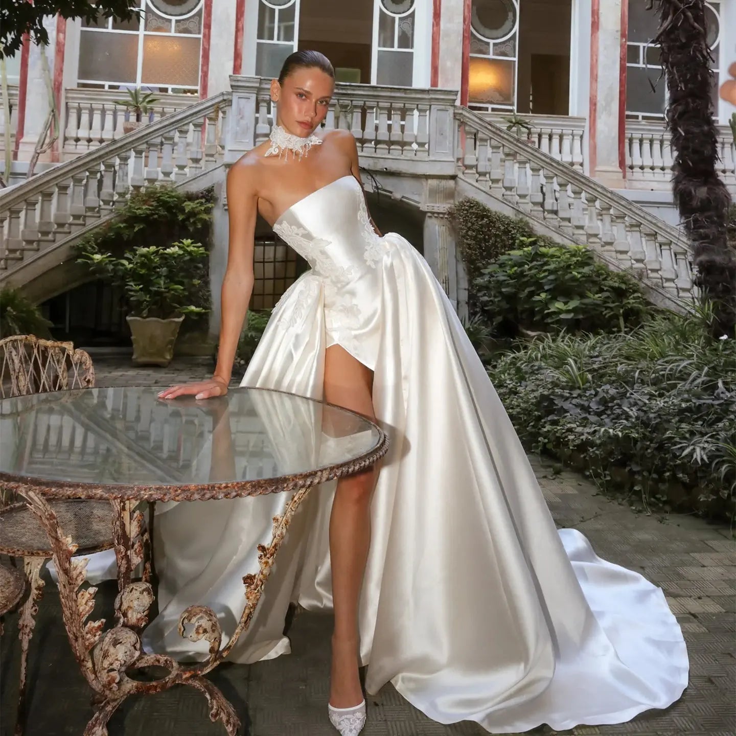 Luxury White Satin Strapless High Slit Ball Gown Wedding Dress with Choker ZP118