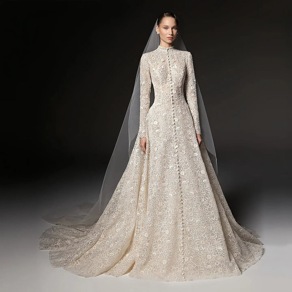 Luxury Champagne High Neck Long Sleeve Lace A-Line Wedding Dress with Buttons ZP079