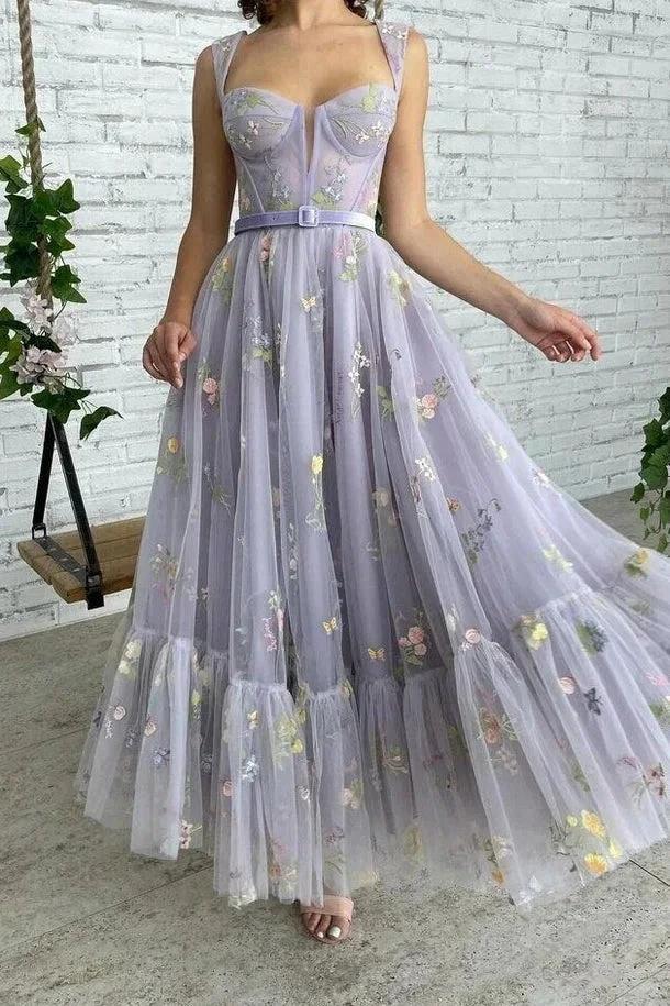 Chic Sleeveless A Line Ankle Length Tulle Prom Dresses by Ombreprom