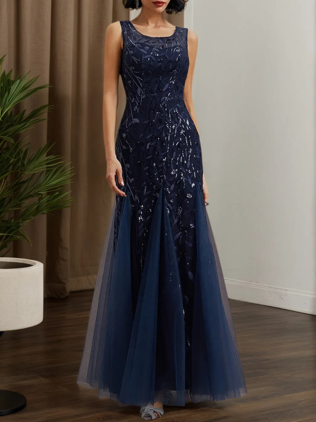 Purplish Blue Sequin Crew Neck Sleeveless Sheath Maxi Dress