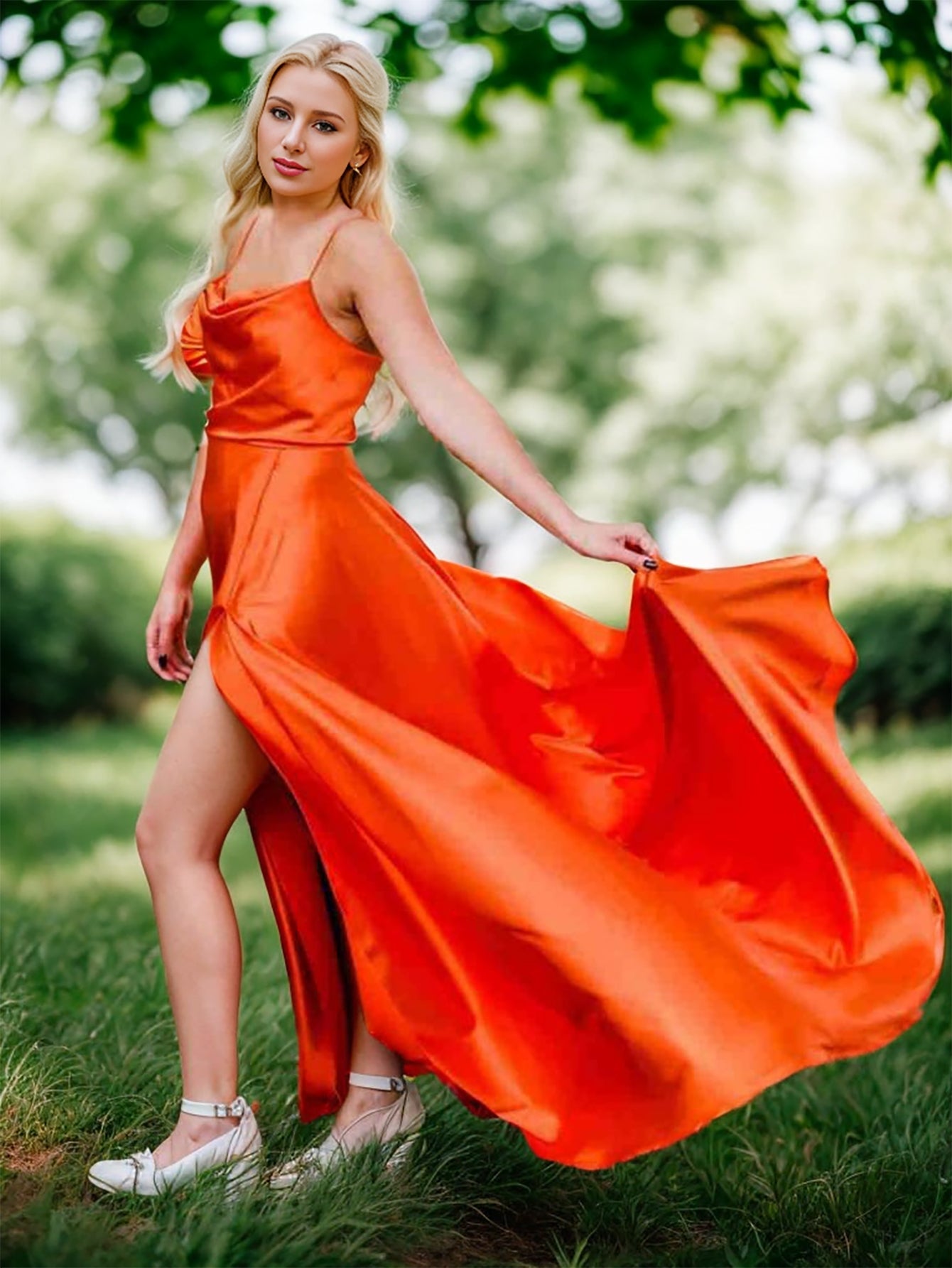 Orange Satin A Line Tight Long Prom Dress With Slit - Fashionpara