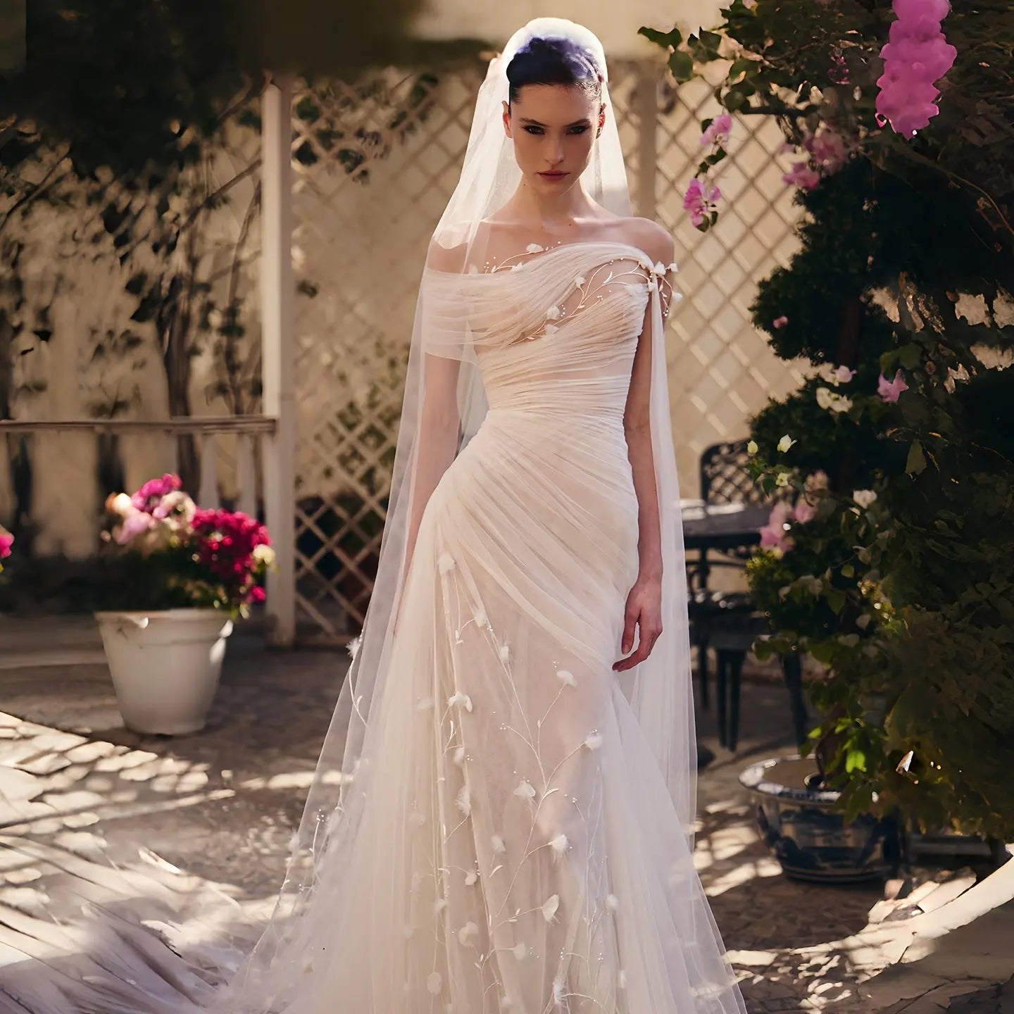 Elegant Off-the-Shoulder Ruched 3D Floral Wedding Dress with Veil ZP071
