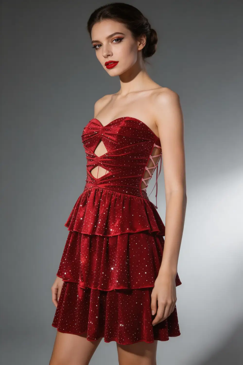 Red Velvet Sparkly Strapless Tiered Mini Dress Formal Party Gown by tangjianjun