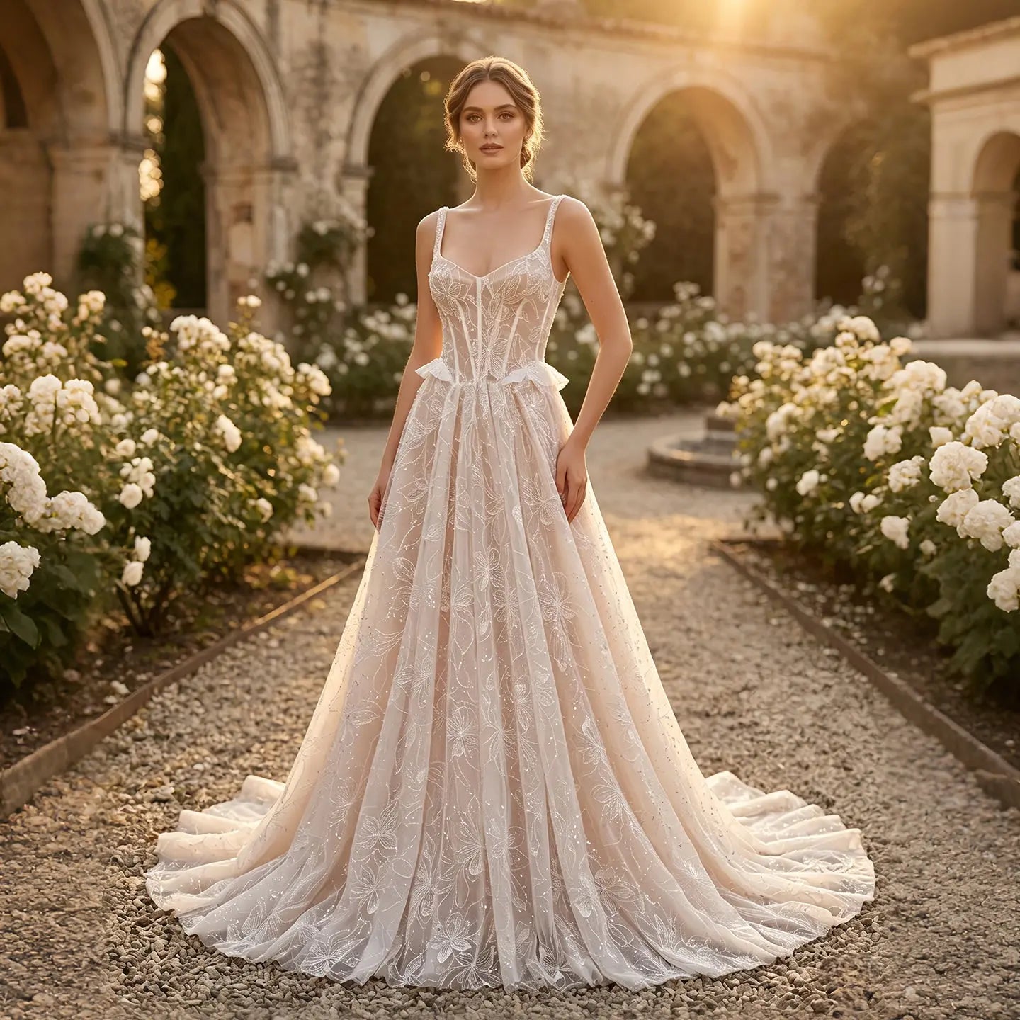 Luxury Ivory Square Neck Corset Lace Tulle A-Line Wedding Dress with Train ZP064