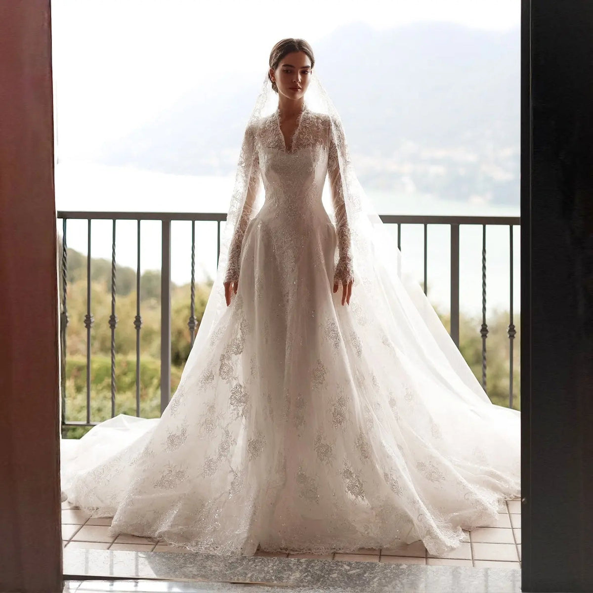 Timeless White Lace V-Neck Long Sleeve Wedding Dress with Cathedral Veil ZP104
