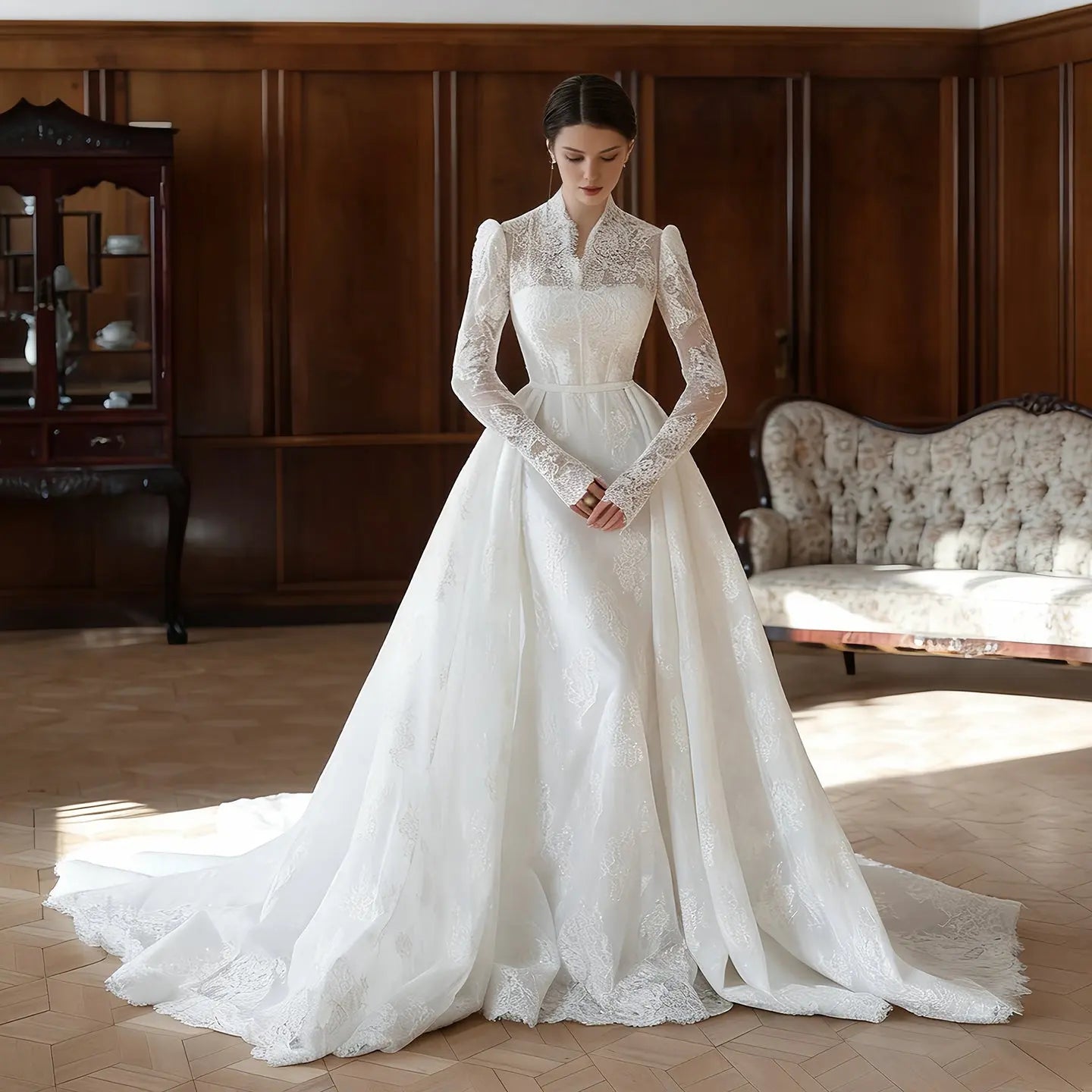Elegant White Lace High Neck Long Sleeve A-Line Wedding Dress ZP103