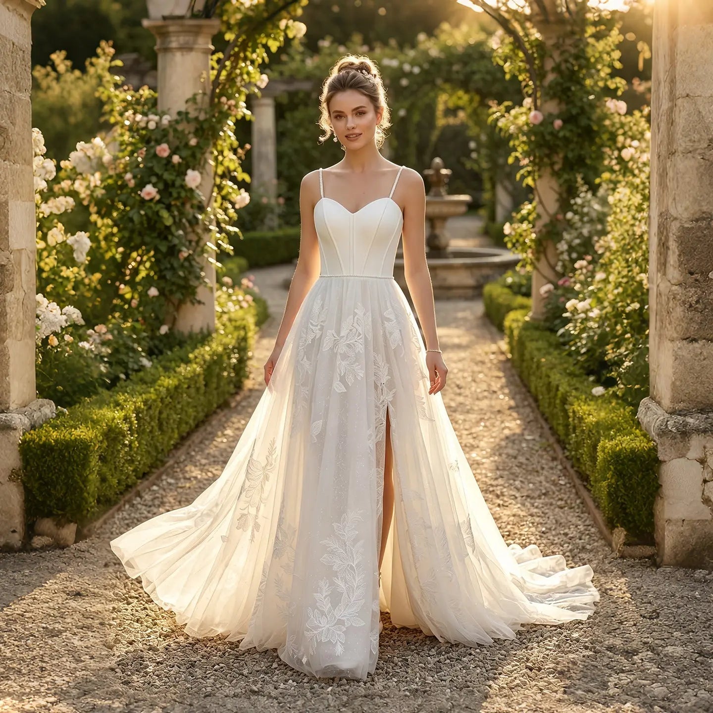 Elegant White Spaghetti Strap Satin Bodice Lace Tulle Wedding Dress with Train ZP065