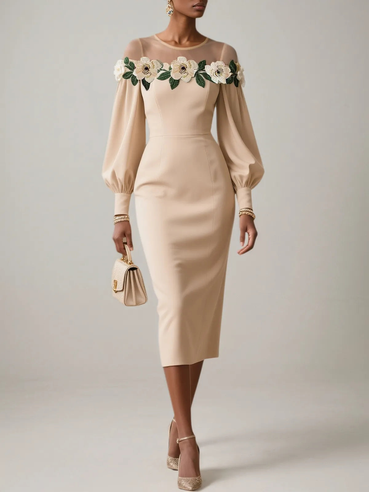 Apricot Applique Floral Classic Crew Neck Long Sleeve Balloon Sleeve Sheath Midi Dress - FashionDia