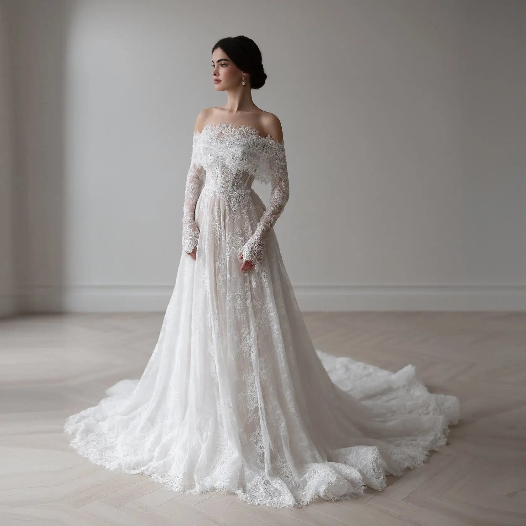 Luxury Off Shoulder Wedding Dress with Long Sleeves ZP175