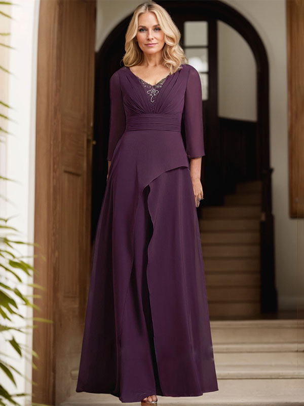 A-line V-Neck Floor-Length Chiffon Mother of the Bride Dress With Pleated Beading - View 2 | FashionDia