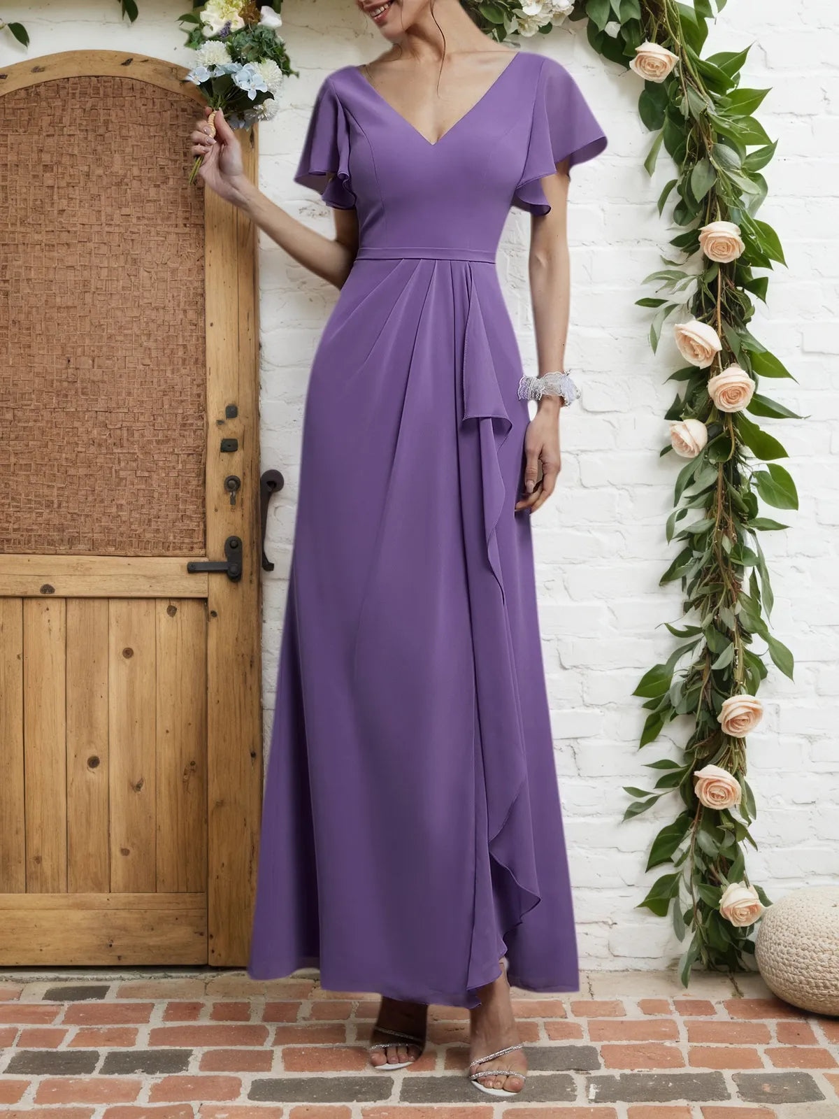 Purple Ruched V-Neck Ruffle Sleeve A-Line Maxi Chiffon Bridesmaid Dress - FashionDia