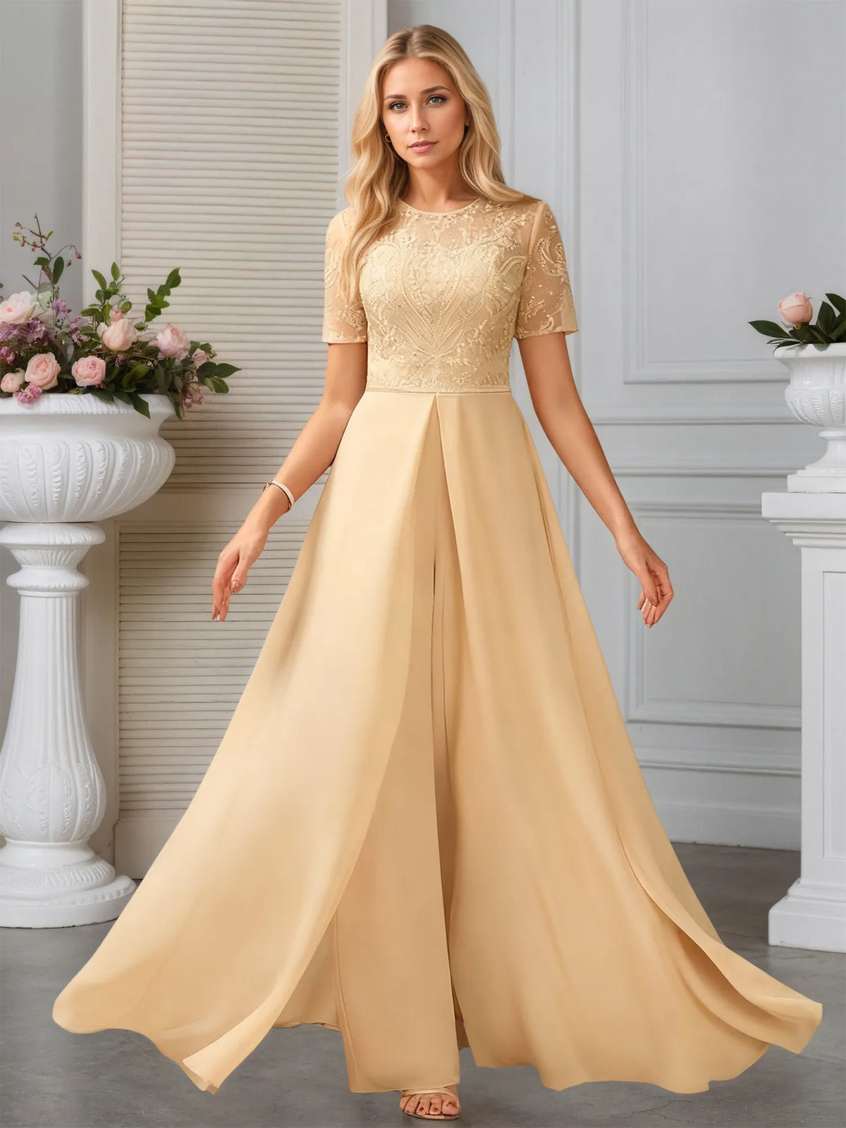 Jumpsuits Illusion Scoop Floor-Length Lace Chiffon Evening Dress With Overskirt Sequins - VelvetHem