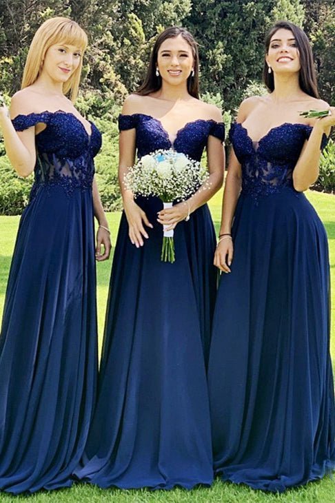 Indigo Lace Off-the-Shoulder A-Line Long Bridesmaid Dress - FashionDia