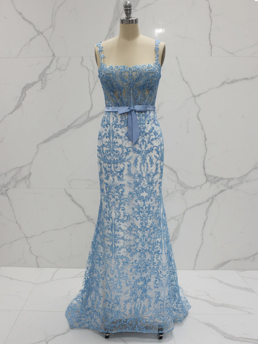 Blue Floral Sweetheart Spaghetti Straps Long Corset Prom Dress