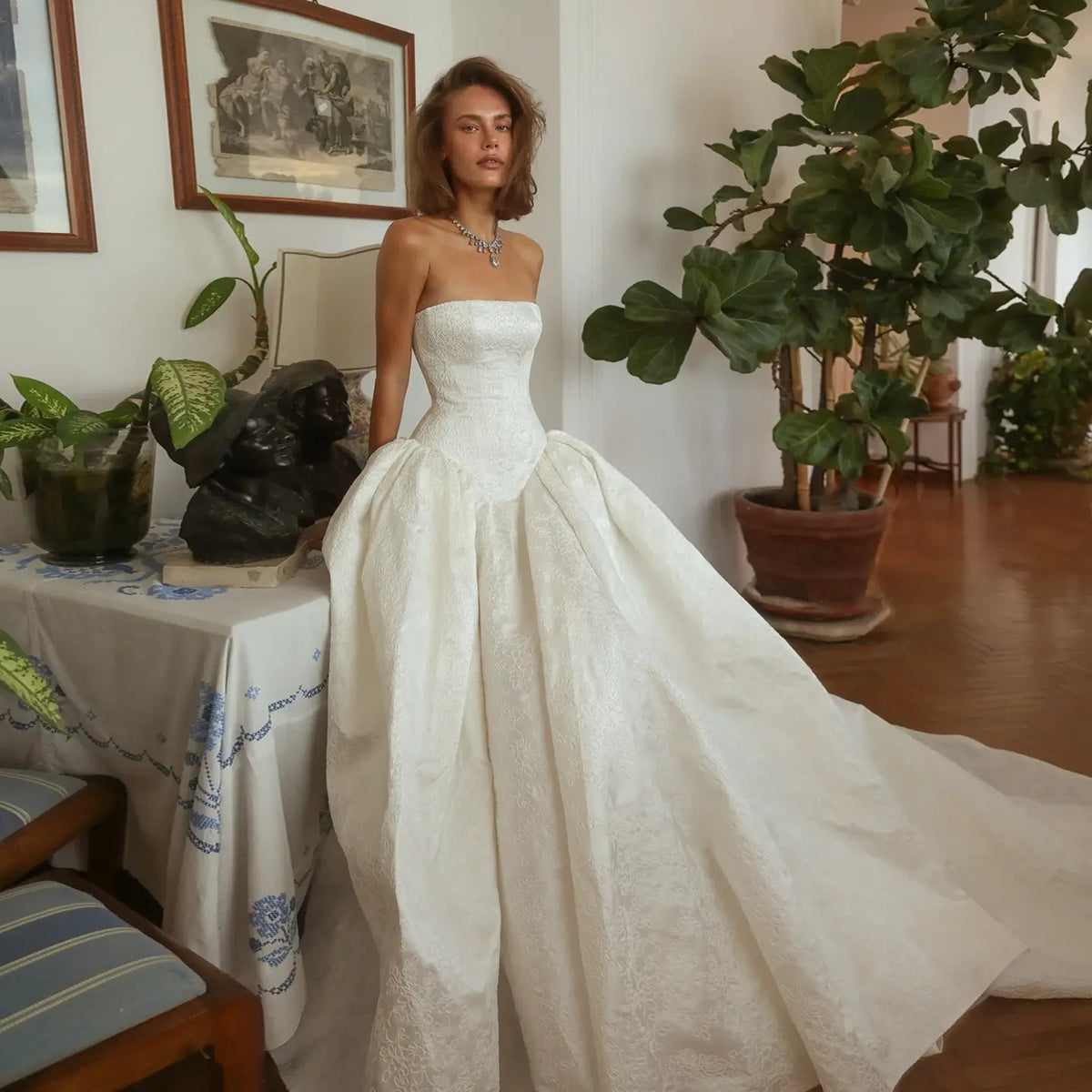 Classic White Satin Strapless Ball Gown Wedding Dress with Train ZP122