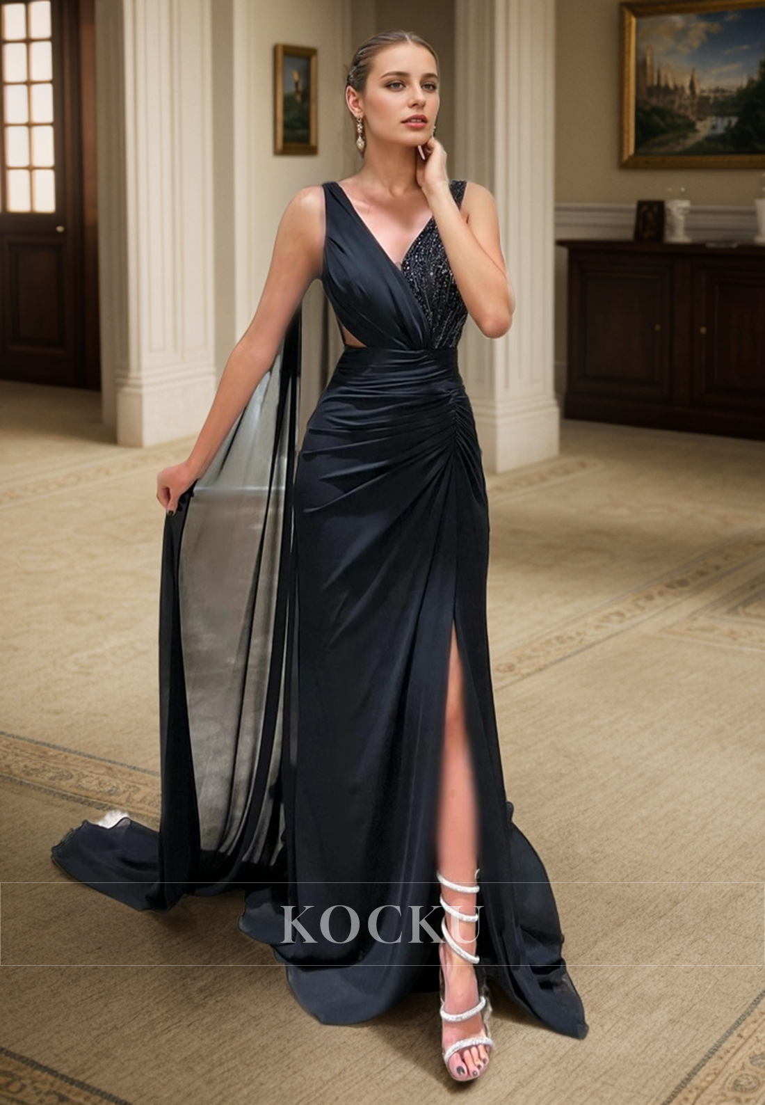 L3082 - Elegant & Simple V-Neck Sleeveless Split Evening Party Prom Dress With Sequined